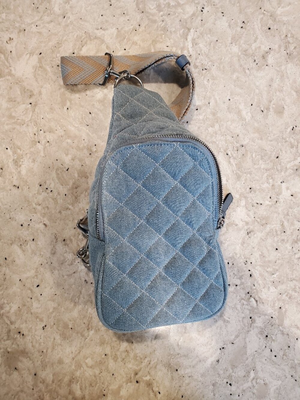 R.D. Raquel Denise Denim Sling Bag with Boho Chevron Strap